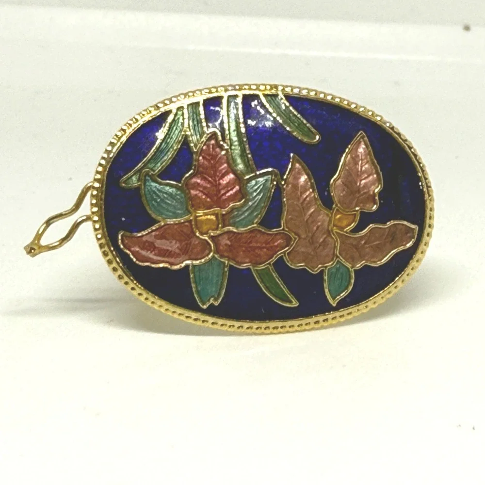 Vintage Cloisonne Enamel Floral Scarf Slide Oval Pink Orchid Blue Gold Tone